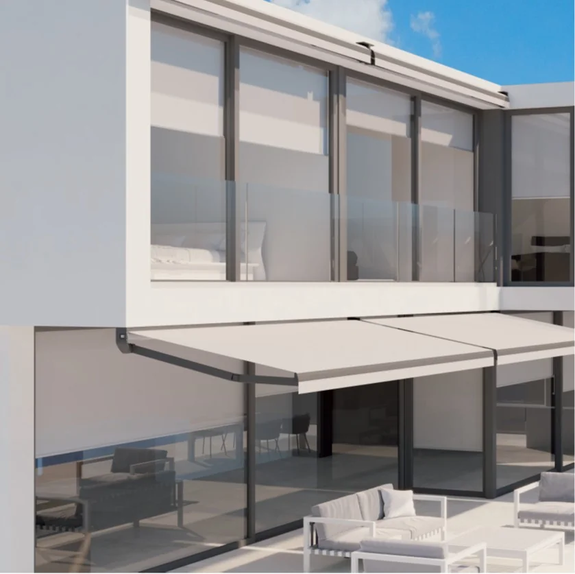 Toldo sin cofre AROND 350 extendido sobre una terraza